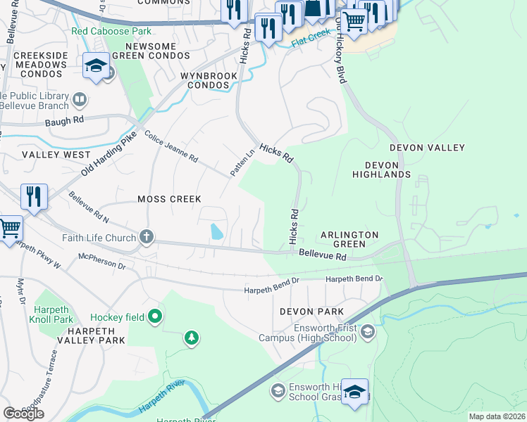 map of restaurants, bars, coffee shops, grocery stores, and more near 157 Hicks Road in Nashville