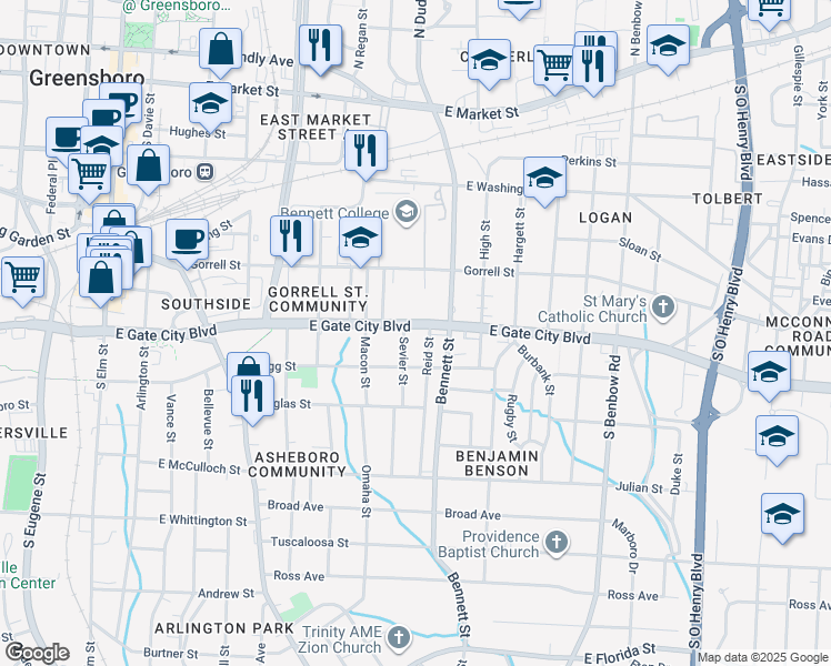 map of restaurants, bars, coffee shops, grocery stores, and more near 806 East Gate City Boulevard in Greensboro