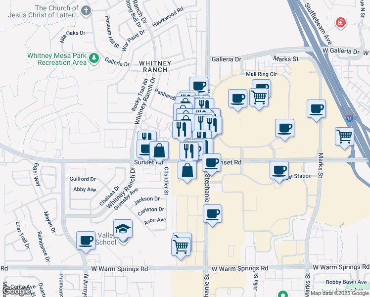 map of restaurants, bars, coffee shops, grocery stores, and more near 605 North Stephanie Street in Henderson