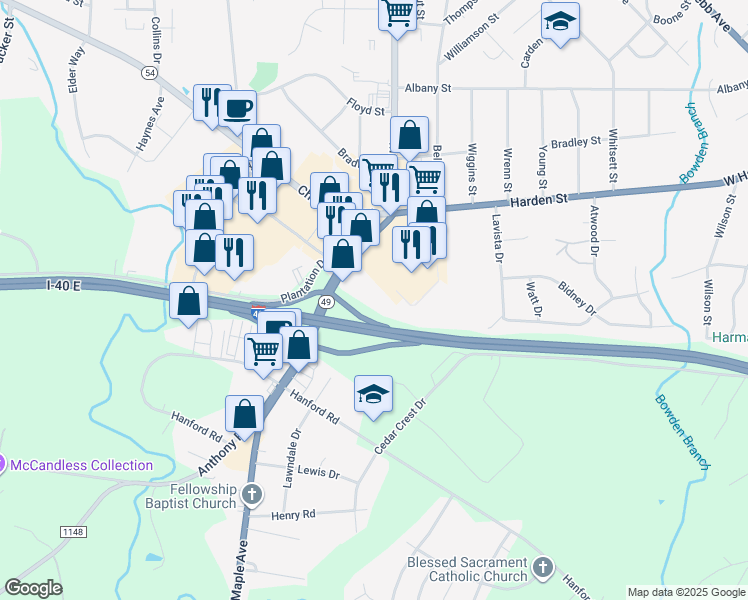 map of restaurants, bars, coffee shops, grocery stores, and more near Maple Avenue in Burlington