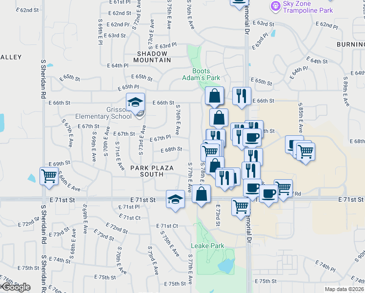 map of restaurants, bars, coffee shops, grocery stores, and more near 7457 East 68th Street in Tulsa