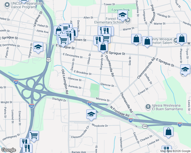 map of restaurants, bars, coffee shops, grocery stores, and more near 824 East Brookline Street in Winston-Salem