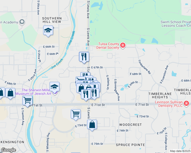 map of restaurants, bars, coffee shops, grocery stores, and more near 6755 South Lewis Avenue in Tulsa