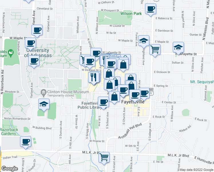 map of restaurants, bars, coffee shops, grocery stores, and more near 121 North School Avenue in Fayetteville
