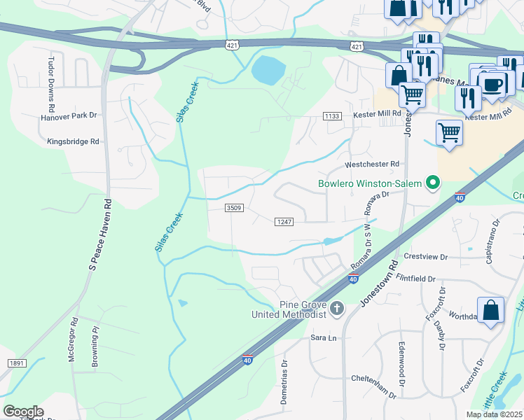 map of restaurants, bars, coffee shops, grocery stores, and more near 4943 Stonington Road Southwest in Winston-Salem