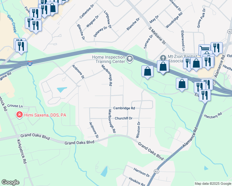 map of restaurants, bars, coffee shops, grocery stores, and more near 2525 Clarendon Road in Burlington
