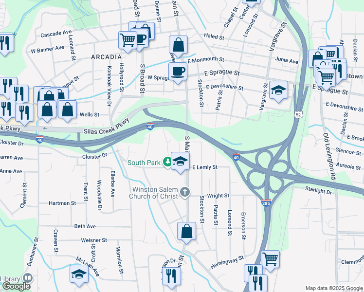 map of restaurants, bars, coffee shops, grocery stores, and more near Atlantic Street in Winston Salem