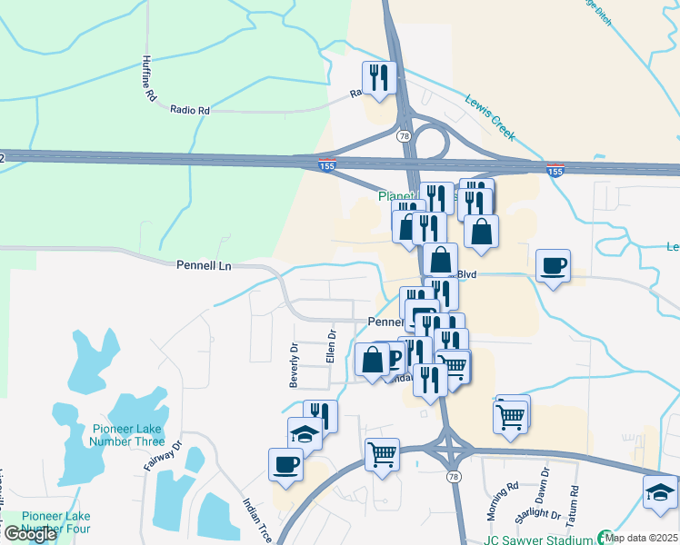 map of restaurants, bars, coffee shops, grocery stores, and more near 828 Northview Cove in Dyersburg