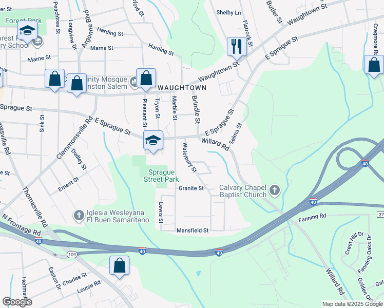 map of restaurants, bars, coffee shops, grocery stores, and more near 1915 Glascoe Street in Winston-Salem
