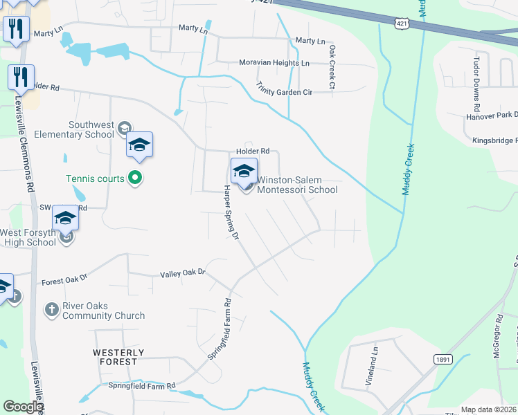 map of restaurants, bars, coffee shops, grocery stores, and more near 1732 Ammons Drive in Clemmons