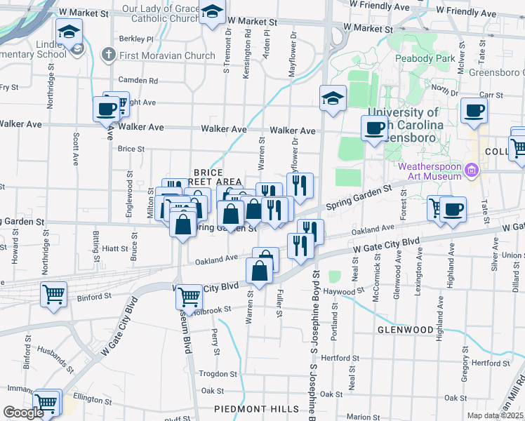 map of restaurants, bars, coffee shops, grocery stores, and more near 714 Warren Street in Greensboro