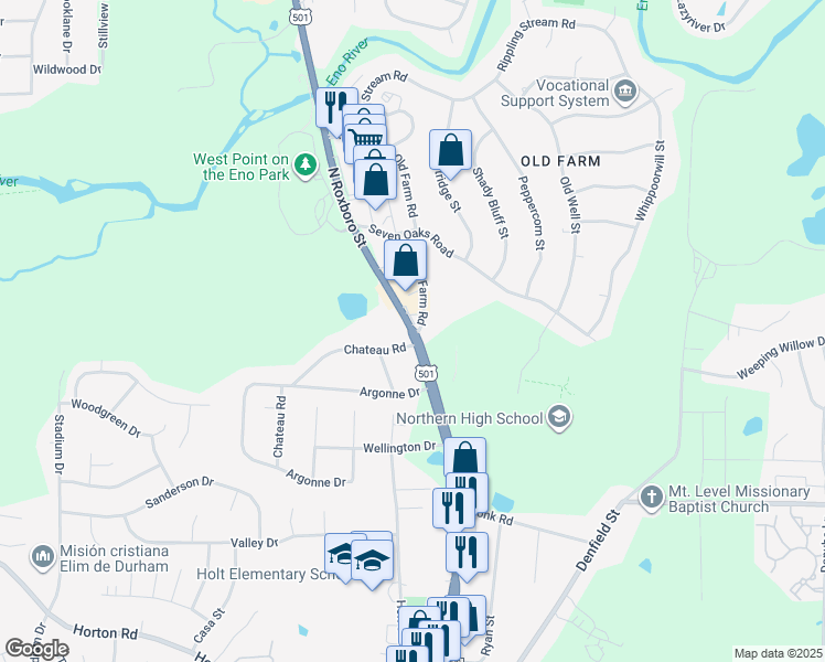 map of restaurants, bars, coffee shops, grocery stores, and more near North Roxboro Street in Durham