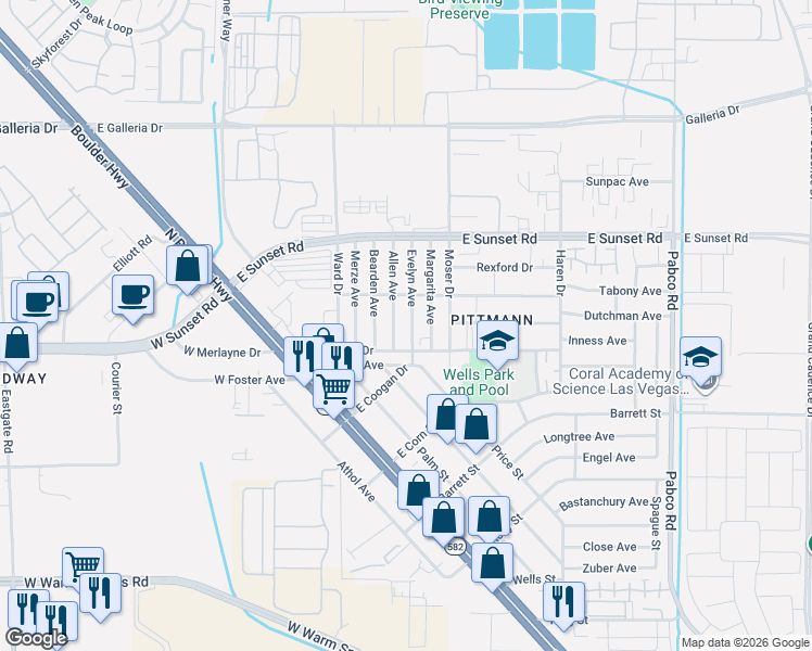 map of restaurants, bars, coffee shops, grocery stores, and more near 1817 Allen Avenue in Henderson