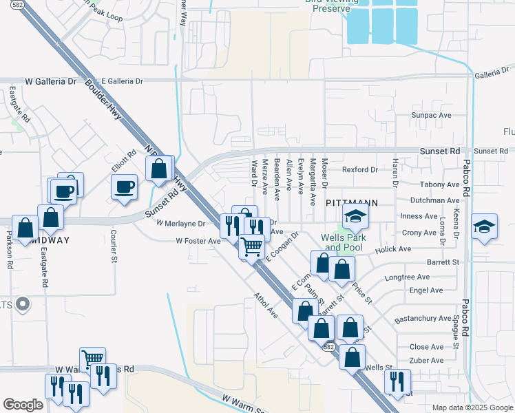 map of restaurants, bars, coffee shops, grocery stores, and more near 1821 Merze Avenue in Henderson