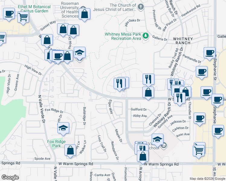 map of restaurants, bars, coffee shops, grocery stores, and more near 1696 Moss Canyon Avenue in Henderson