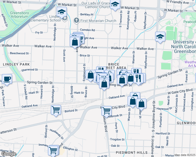 map of restaurants, bars, coffee shops, grocery stores, and more near 5 Pomroy Street in Greensboro