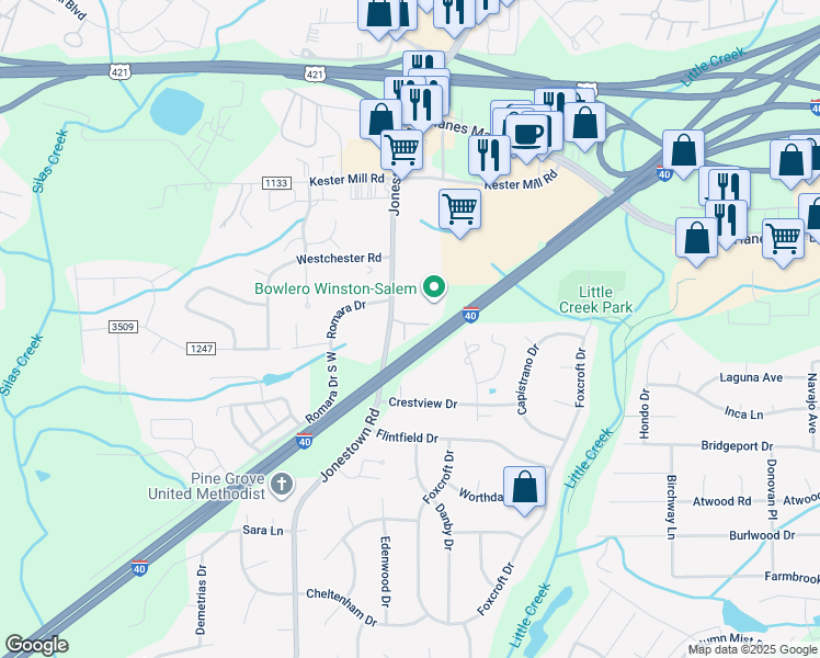 map of restaurants, bars, coffee shops, grocery stores, and more near 101 Jonestown Road in Winston-Salem