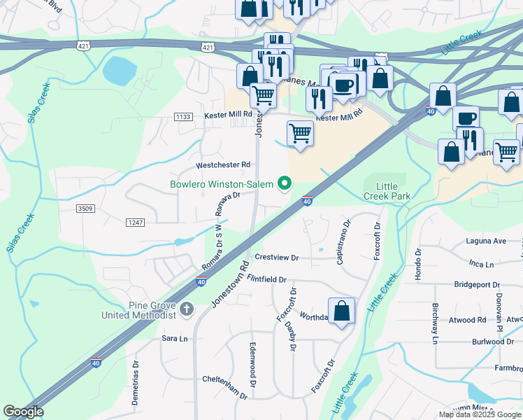 map of restaurants, bars, coffee shops, grocery stores, and more near 101 Jonestown Road in Winston-Salem