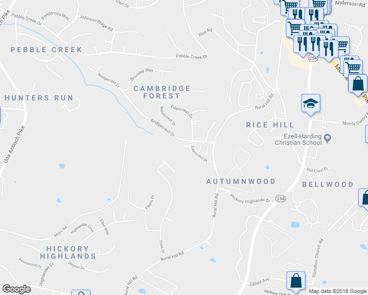 map of restaurants, bars, coffee shops, grocery stores, and more near 1515 Bridgecrest Drive in Nashville