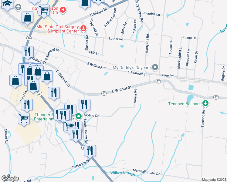 map of restaurants, bars, coffee shops, grocery stores, and more near 1143 East Walnut Street in Dickson