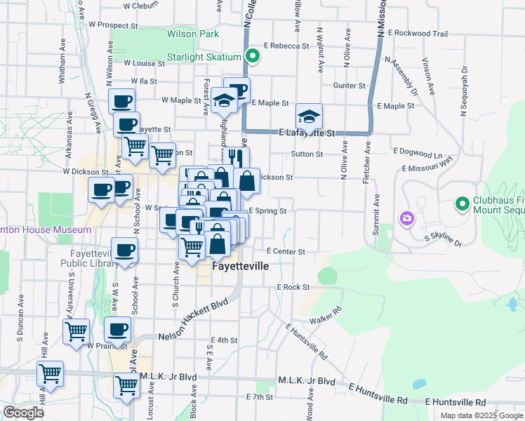 map of restaurants, bars, coffee shops, grocery stores, and more near 127 East Spring Street in Fayetteville