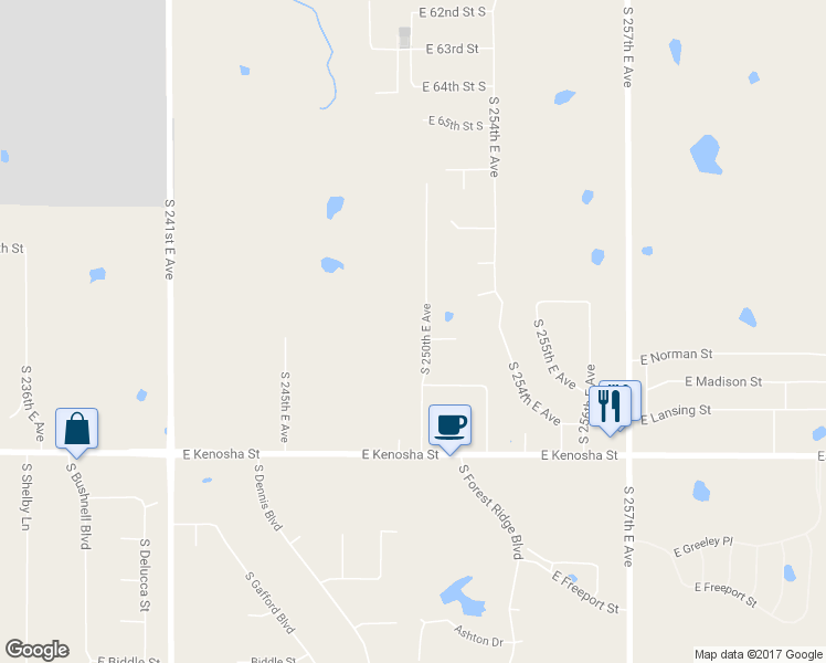 map of restaurants, bars, coffee shops, grocery stores, and more near 6830 South 250th East Avenue in Broken Arrow