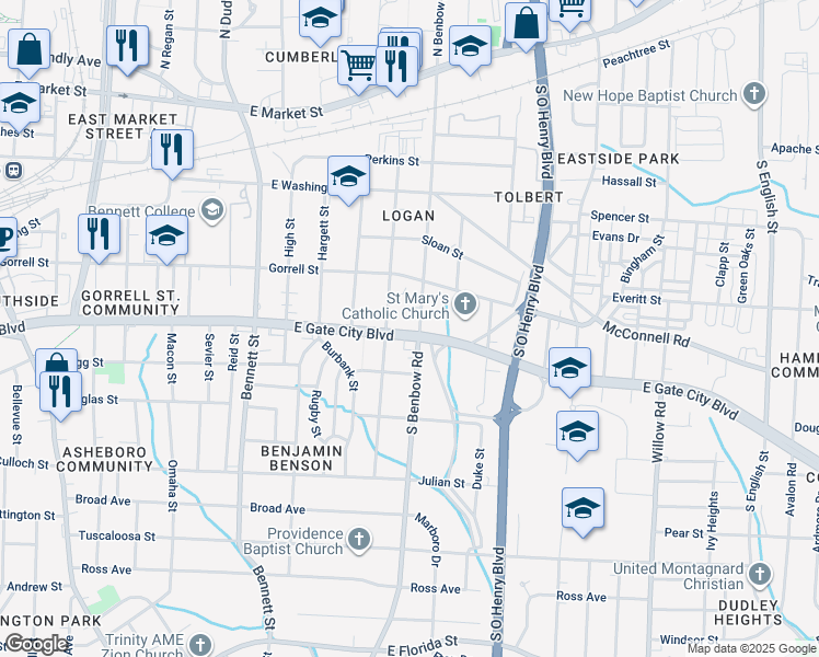 map of restaurants, bars, coffee shops, grocery stores, and more near 822 South Benbow Road in Greensboro