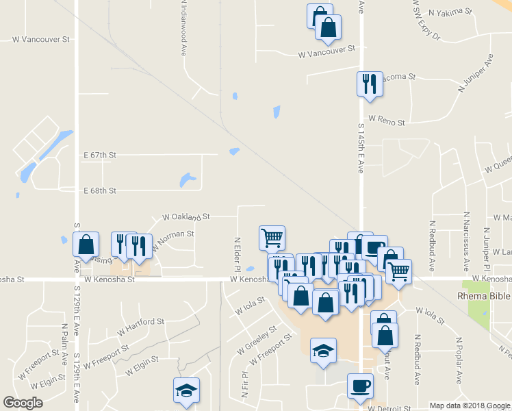 map of restaurants, bars, coffee shops, grocery stores, and more near 3400 West Oakland Place in Broken Arrow