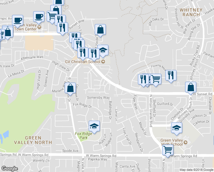 map of restaurants, bars, coffee shops, grocery stores, and more near 738 Nectarine Court in Henderson