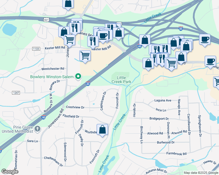 map of restaurants, bars, coffee shops, grocery stores, and more near 221 Capistrano Drive in Winston-Salem