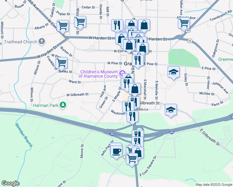 map of restaurants, bars, coffee shops, grocery stores, and more near 321 South Maple Street in Graham