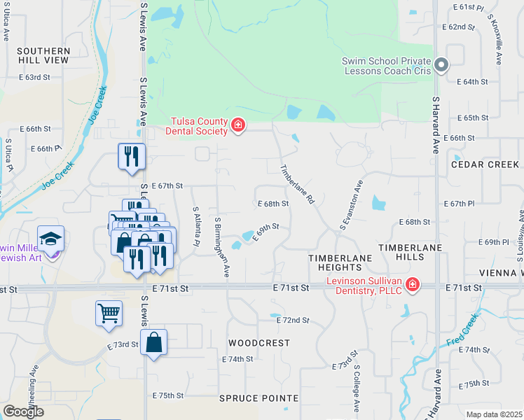 map of restaurants, bars, coffee shops, grocery stores, and more near 2716 East 68th Street in Tulsa