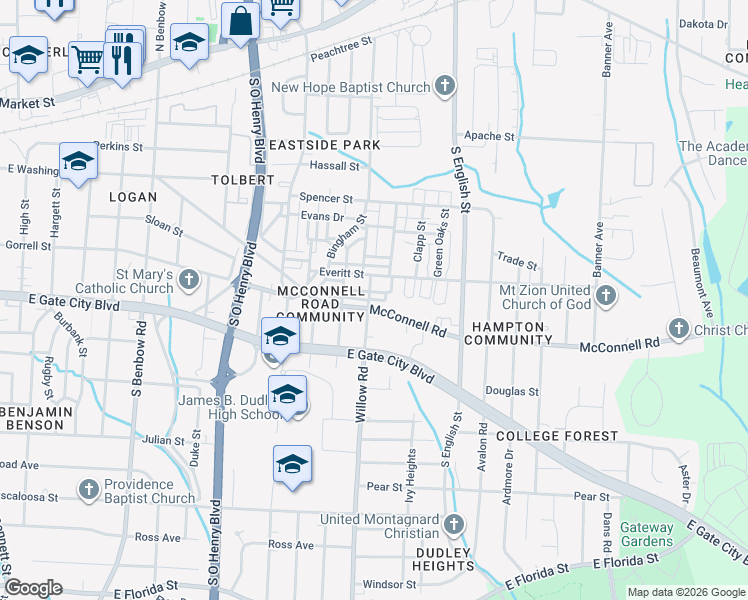 map of restaurants, bars, coffee shops, grocery stores, and more near in Greensboro