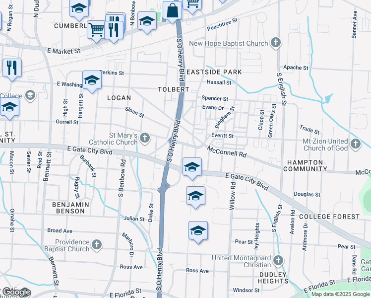 map of restaurants, bars, coffee shops, grocery stores, and more near 1530 Gorrell Street in Greensboro