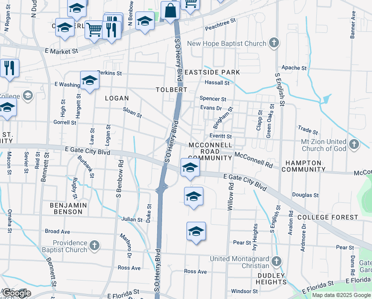map of restaurants, bars, coffee shops, grocery stores, and more near 1532 Gorrell Street in Greensboro