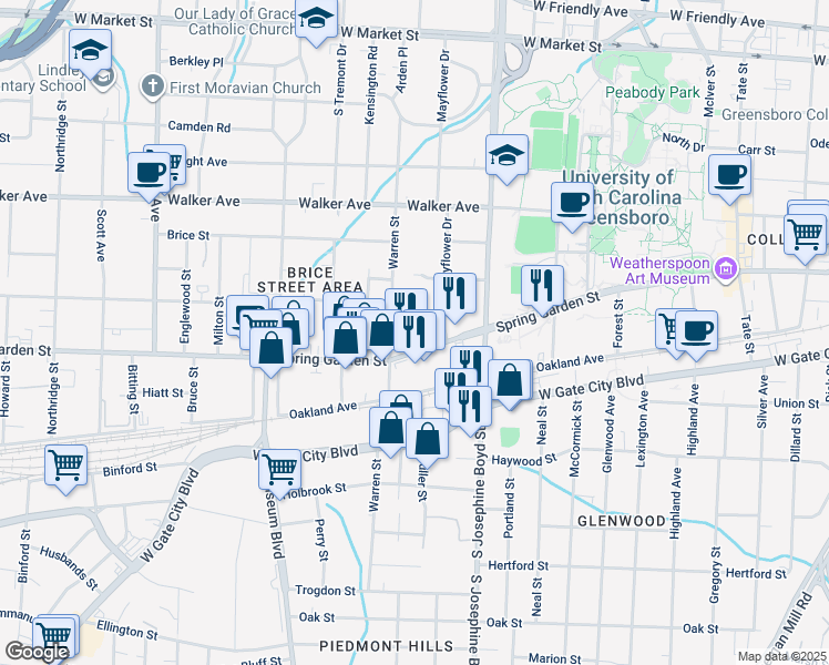 map of restaurants, bars, coffee shops, grocery stores, and more near in Greensboro