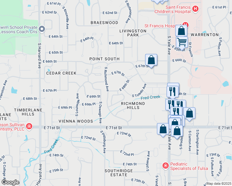 map of restaurants, bars, coffee shops, grocery stores, and more near 4315 East 68th Place in Tulsa