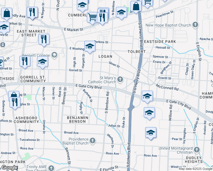 map of restaurants, bars, coffee shops, grocery stores, and more near 822 South Benbow Road in Greensboro