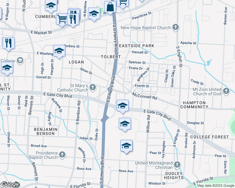map of restaurants, bars, coffee shops, grocery stores, and more near 1528 Gorrell Street in Greensboro