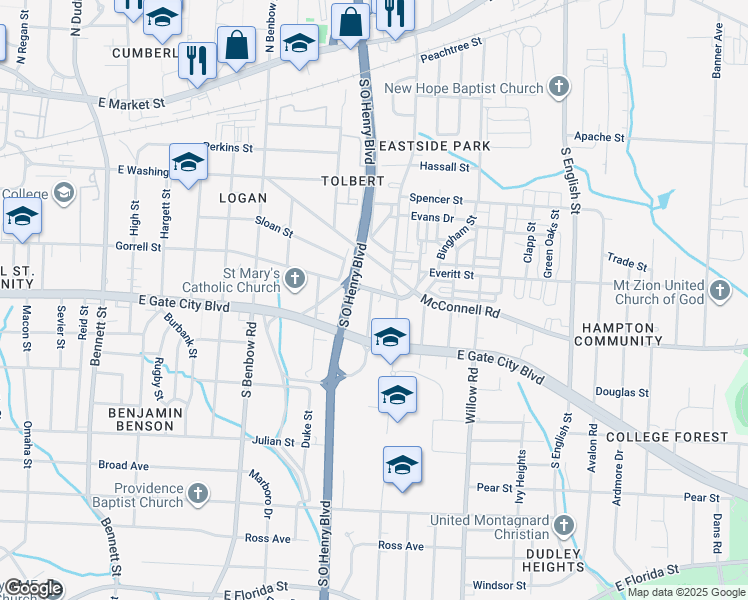 map of restaurants, bars, coffee shops, grocery stores, and more near 1528 Gorrell Street in Greensboro