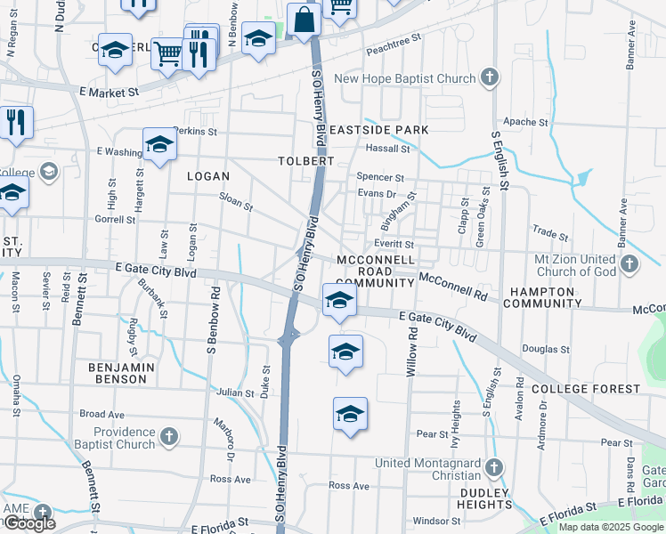 map of restaurants, bars, coffee shops, grocery stores, and more near 1532 Gorrell Street in Greensboro