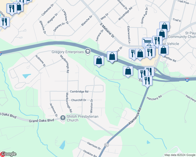 map of restaurants, bars, coffee shops, grocery stores, and more near 3010 Winston Drive in Burlington