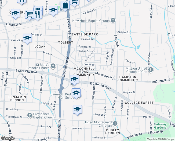 map of restaurants, bars, coffee shops, grocery stores, and more near in Greensboro