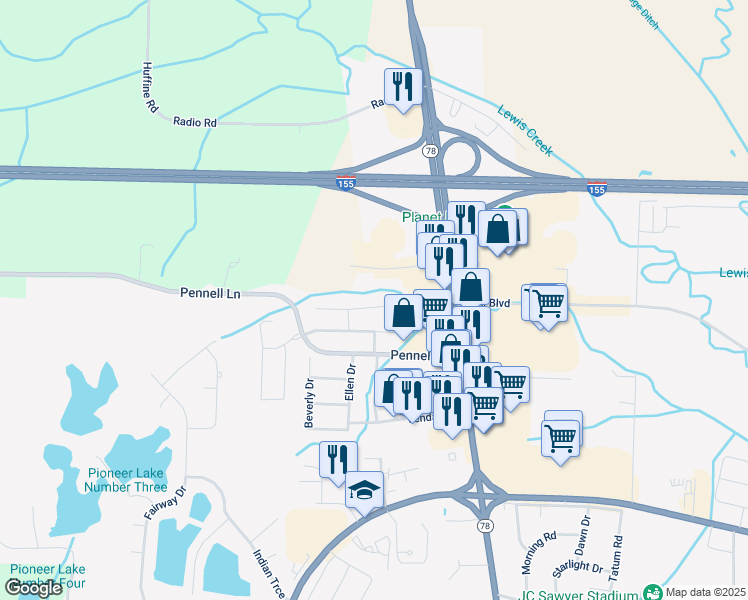 map of restaurants, bars, coffee shops, grocery stores, and more near 828 Northview Cove in Dyersburg