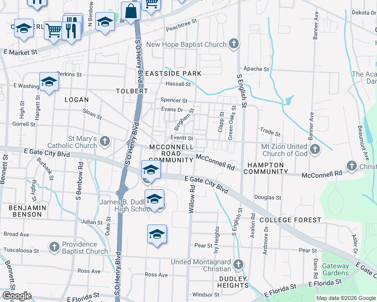 map of restaurants, bars, coffee shops, grocery stores, and more near in Greensboro