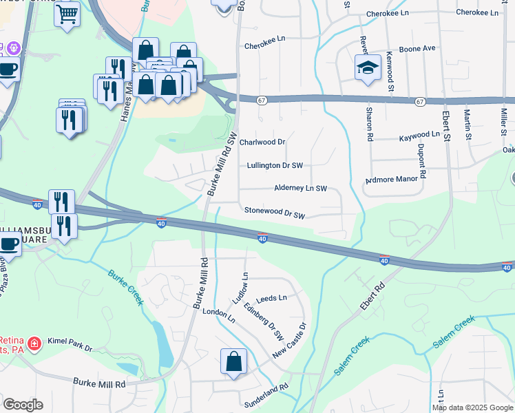 map of restaurants, bars, coffee shops, grocery stores, and more near 1916 Stonewood Drive Southwest in Winston-Salem