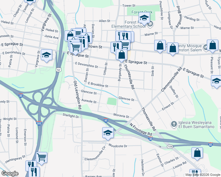map of restaurants, bars, coffee shops, grocery stores, and more near 824 East Brookline Street in Winston-Salem
