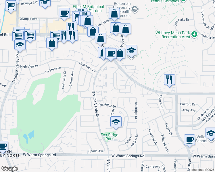 map of restaurants, bars, coffee shops, grocery stores, and more near 614 Cervantes Drive in Henderson