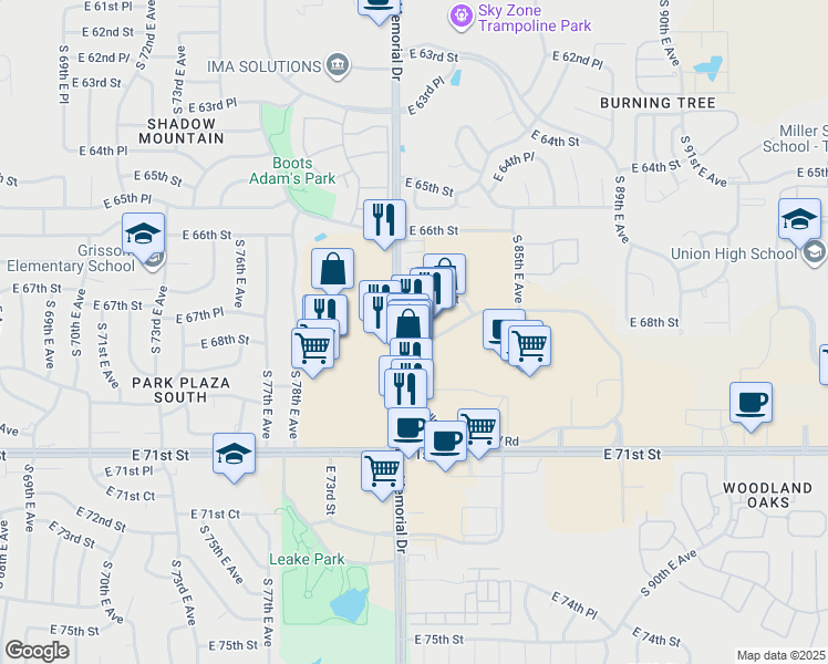 map of restaurants, bars, coffee shops, grocery stores, and more near 6827 South Memorial Drive in Tulsa