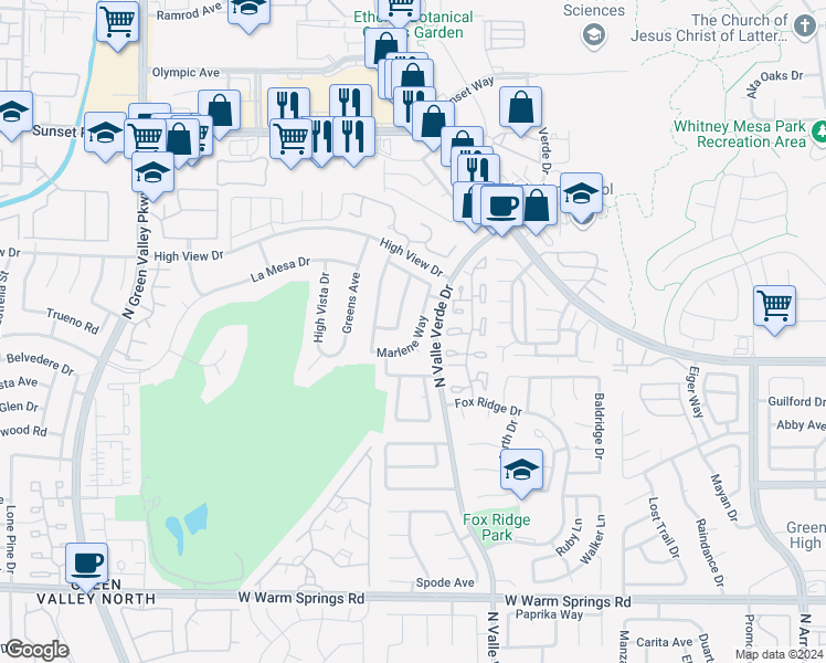 map of restaurants, bars, coffee shops, grocery stores, and more near 2462 Marlene Way in Henderson